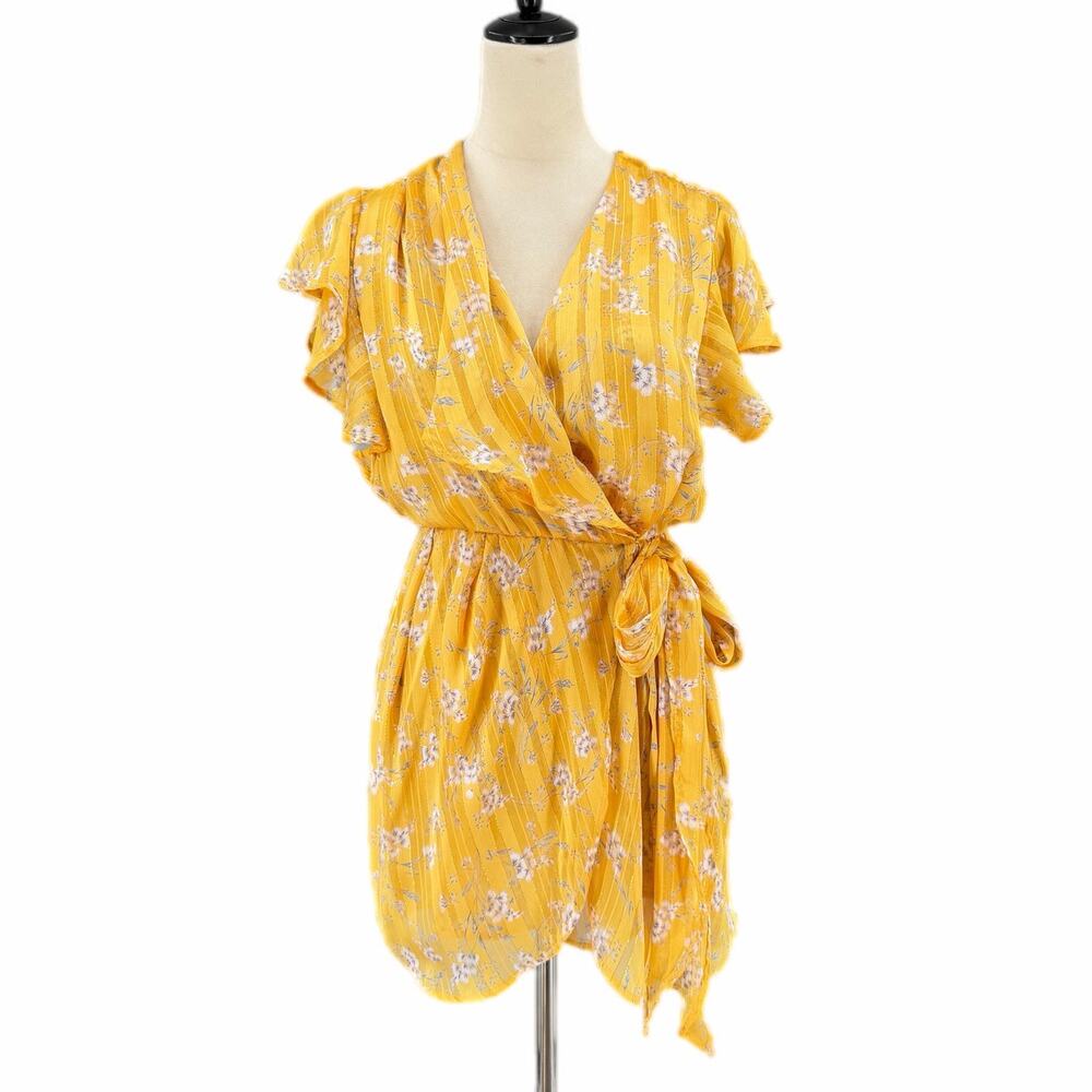 Sabina Musayev Yellow Floral Ruffle Open Back Metallic Gold Striped Mini Dress